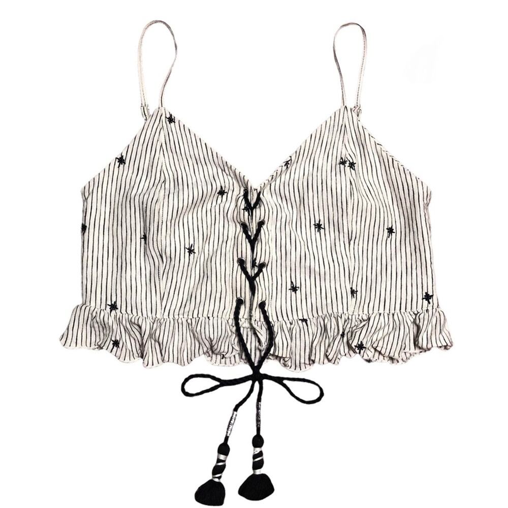 American Eagle Embroidered Lace-Up Beaded Tassel Ruffle Cropped Cami M